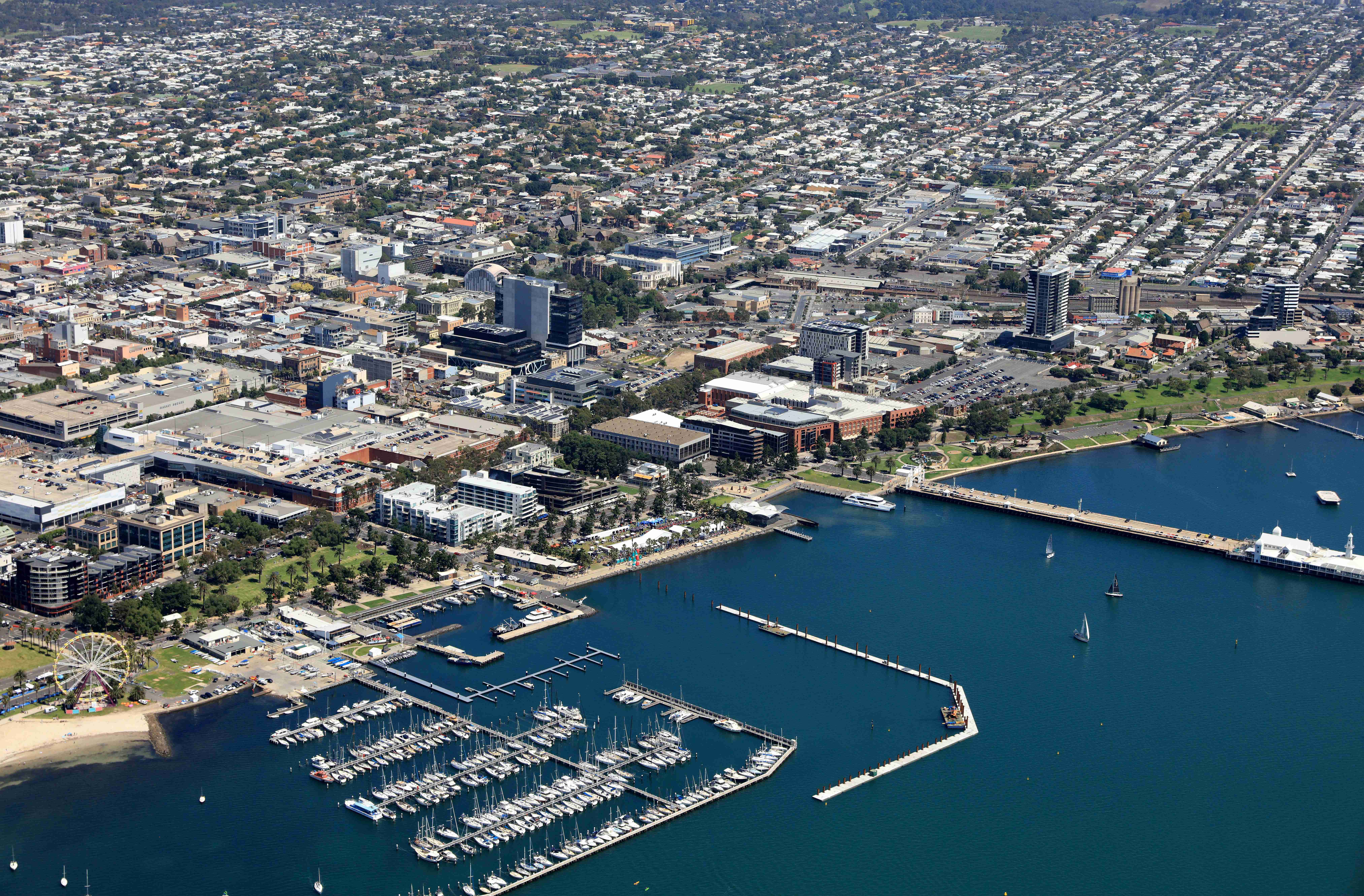 Aerial photo of central Geelong and the waterfront